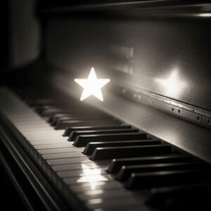 A single star above a piano key with a soft bloom, symbolizing peace and remembrance for pregnancy and baby loss.