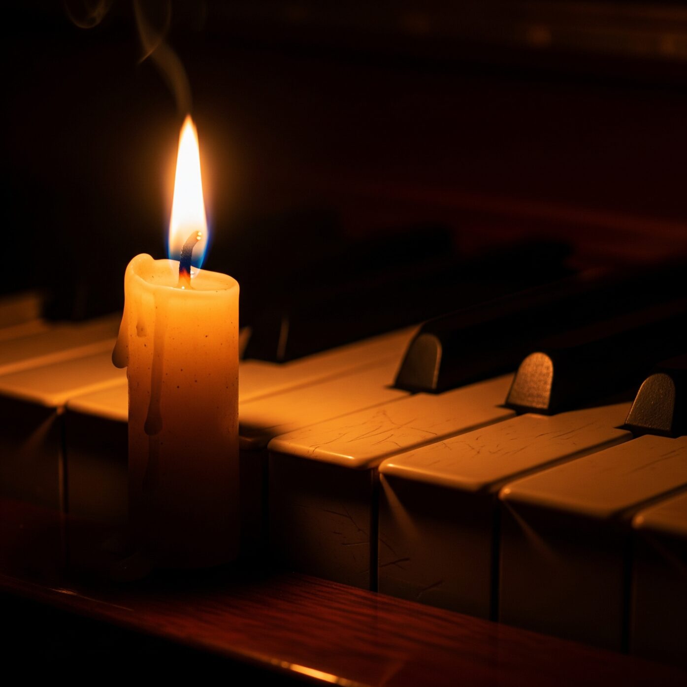 A softly glowing candle next to a piano key, evoking peace and healing from grief and loss.