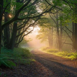 A serene forest path at dawn, symbolizing clarity and motivation.
