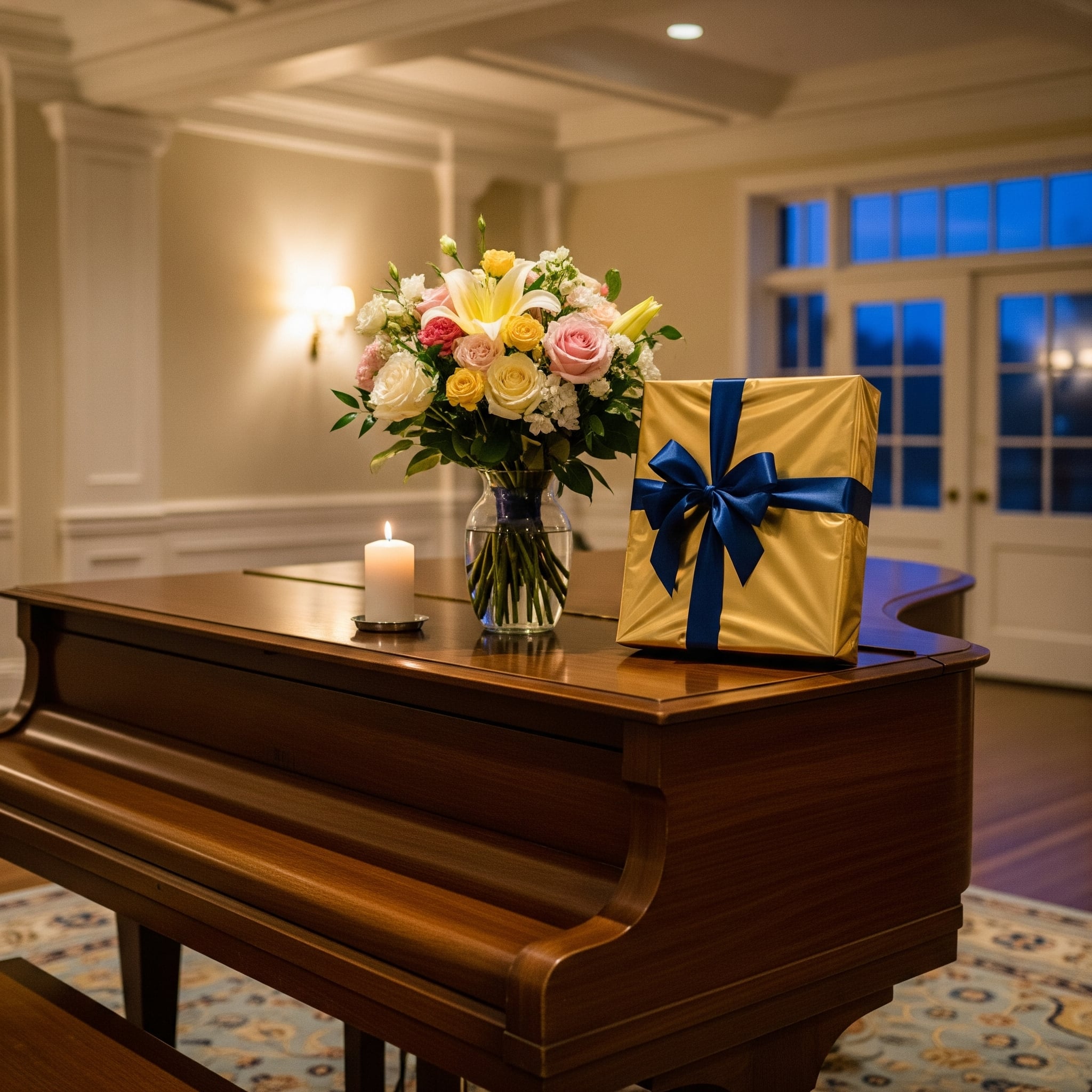 A grand piano in an elegant room, adorned with a bouquet of flowers, a gift, and a lit candle, symbolizing a heartfelt piano tribute for a special milestone celebration.