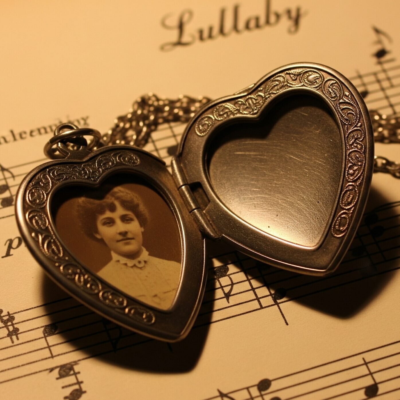 A cherished locket on a music sheet, symbolizing a loving memory.